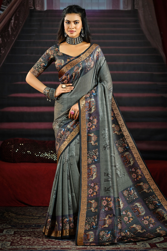 Graceful Grey Saree with Elegant Animal and Floral Motifs, Highlighted by Richly Detailed Pallu and Border, Perfect for Festive and Traditional Occasions