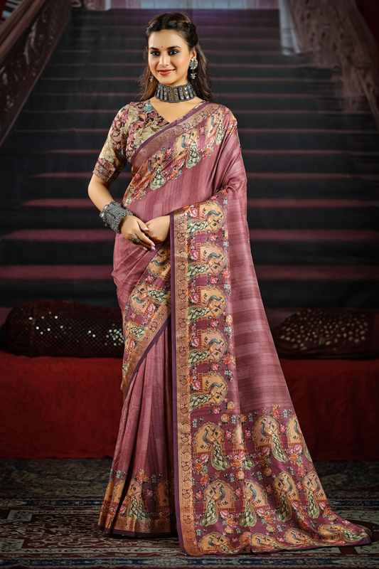 Rich Lavender Pink Saree Adorned with Traditional Peacock and Floral Motifs, Featuring an Ornate Border and Pallu, Ideal for Festive and Ethnic Celebrations
