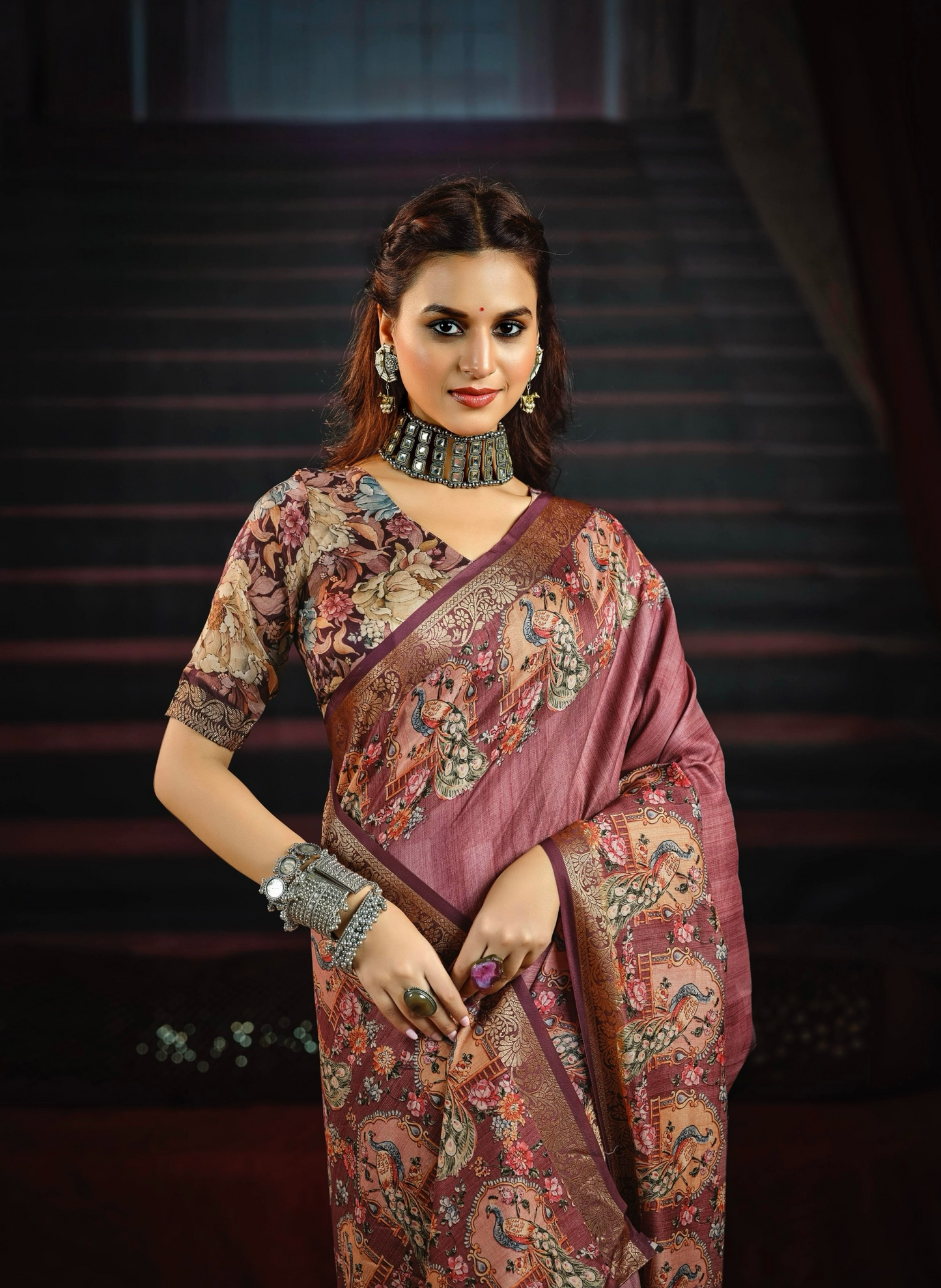 Rich Lavender Pink Saree Adorned with Traditional Peacock and Floral Motifs, Featuring an Ornate Border and Pallu, Ideal for Festive and Ethnic Celebrations