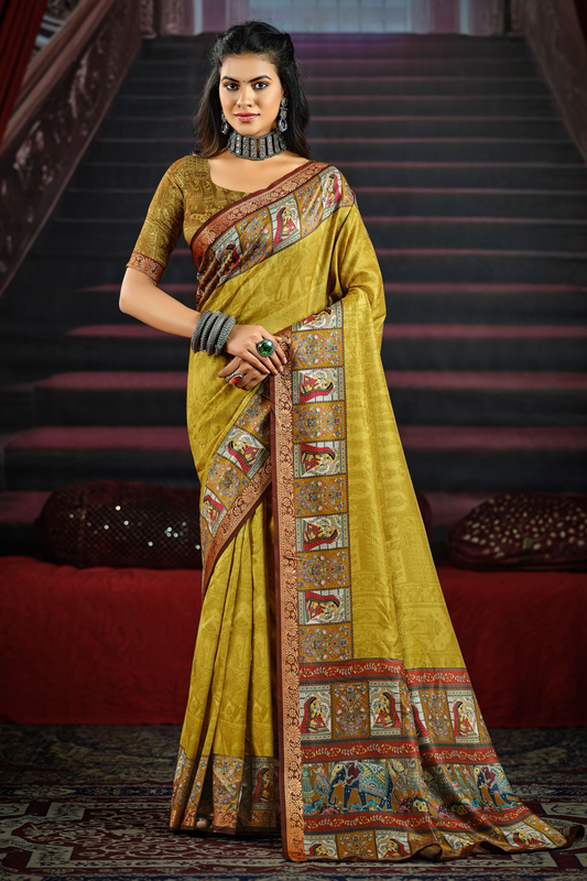 Classic Mustard Yellow Saree with Artistic Traditional Motifs and a Richly Designed Border, Perfect for Festive and Cultural Occasions