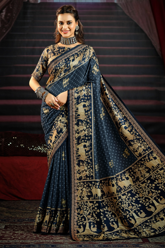 Stunning Navy Blue Saree with Rich Gold Animal and Tree Motifs, Featuring an Intricate Designer Border, Perfect for Traditional and Festive Occasions