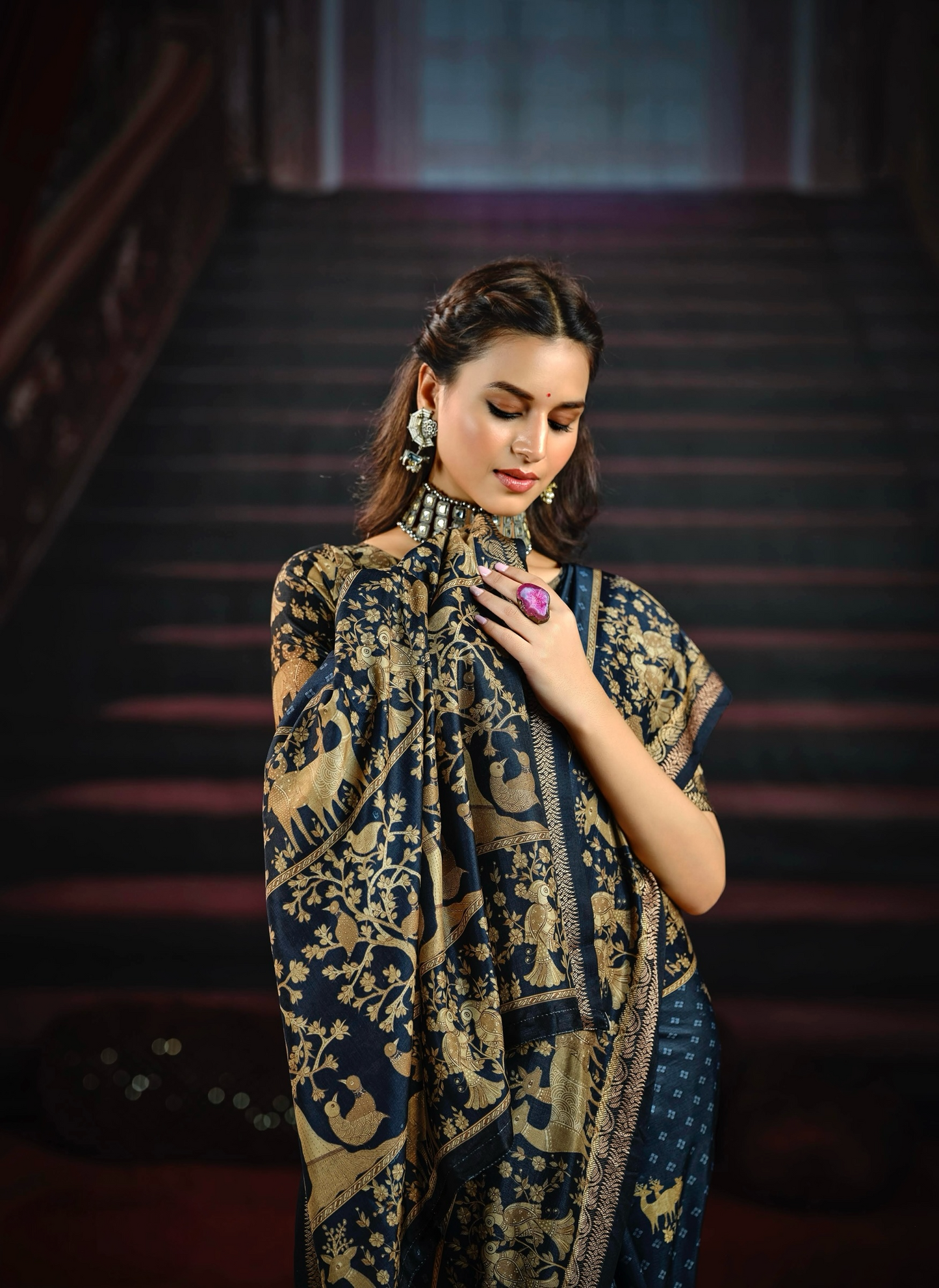 Stunning Navy Blue Saree with Rich Gold Animal and Tree Motifs, Featuring an Intricate Designer Border, Perfect for Traditional and Festive Occasions