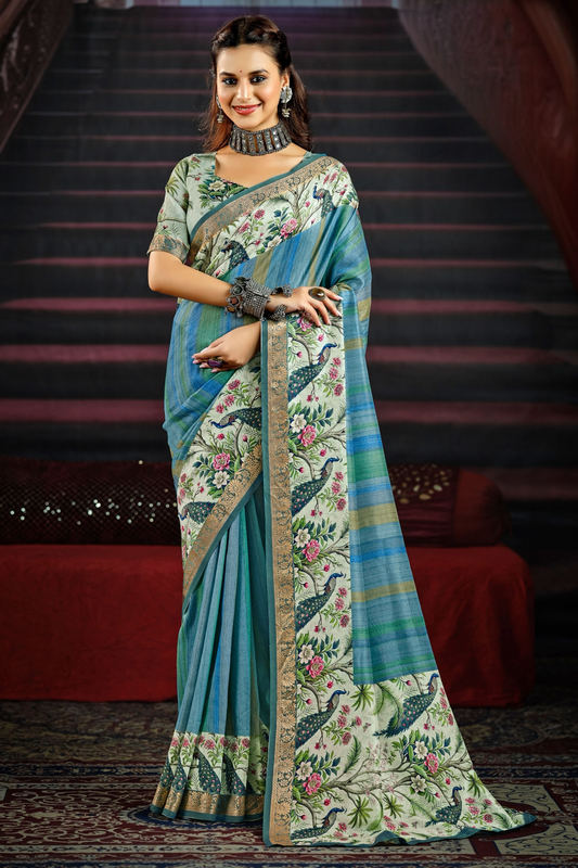 Beautiful Teal Saree with Vibrant Peacock and Floral Motifs, Featuring an Artistic Pallu and Border, Perfect for Festive and Party Occasions