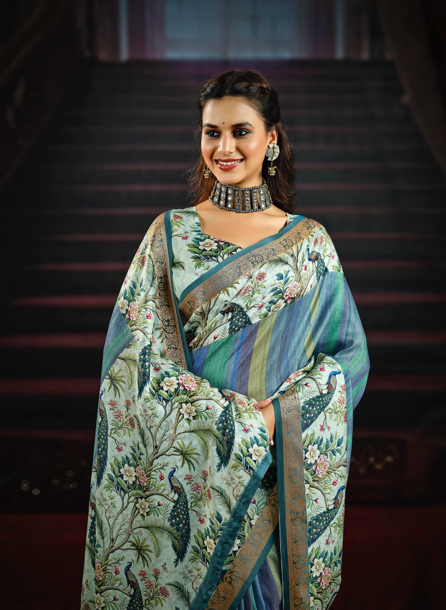 Beautiful Teal Saree with Vibrant Peacock and Floral Motifs, Featuring an Artistic Pallu and Border, Perfect for Festive and Party Occasions