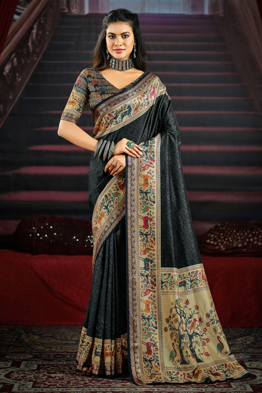 Elegant Black Saree with Artistic Animal and Tree Motifs, Featuring a Beautifully Detailed Border and Pallu, Perfect for Festive and Ethnic Occasions.