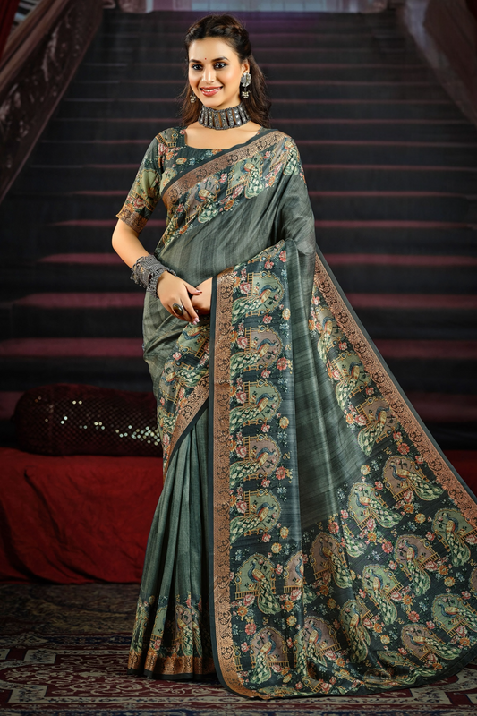 Elegant Grey-Teal Saree with Exquisite Peacock and Floral Motifs, Featuring an Ornate Border and Pallu, Ideal for Festive and Traditional Celebrations