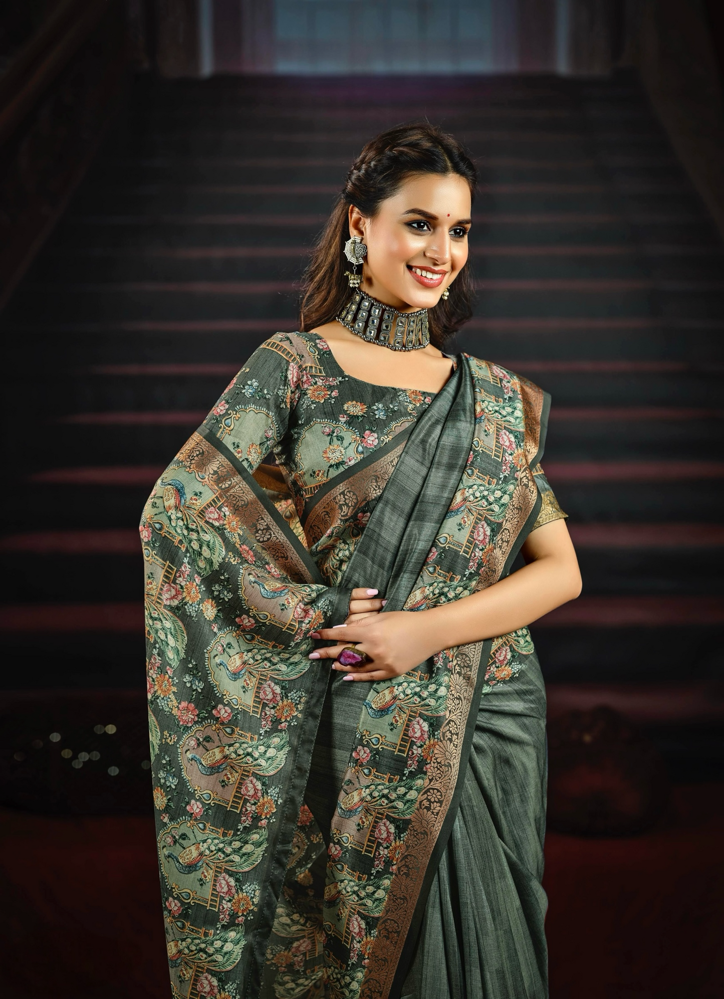 Elegant Grey-Teal Saree with Exquisite Peacock and Floral Motifs, Featuring an Ornate Border and Pallu, Ideal for Festive and Traditional Celebrations