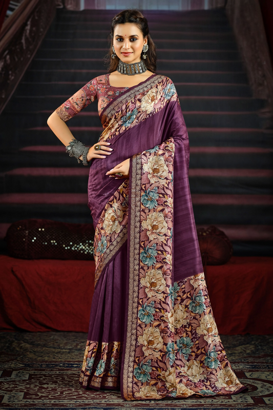 Striking Purple Saree Beautifully Adorned with Large Floral Patterns and a Contrasting Border, Ideal for Festive and Elegant Occasions