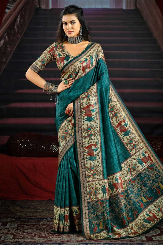 Vibrant Teal-Blue Saree Featuring Traditional Animal and Floral Motifs with a Richly Detailed Pallu and Border, Perfect for Festive and Elegant Occasions