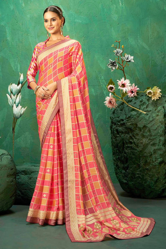 Exclusive Brasso fabric with Striking pink and golden checkered pattern with contrast border for luxurious finishing touches .
