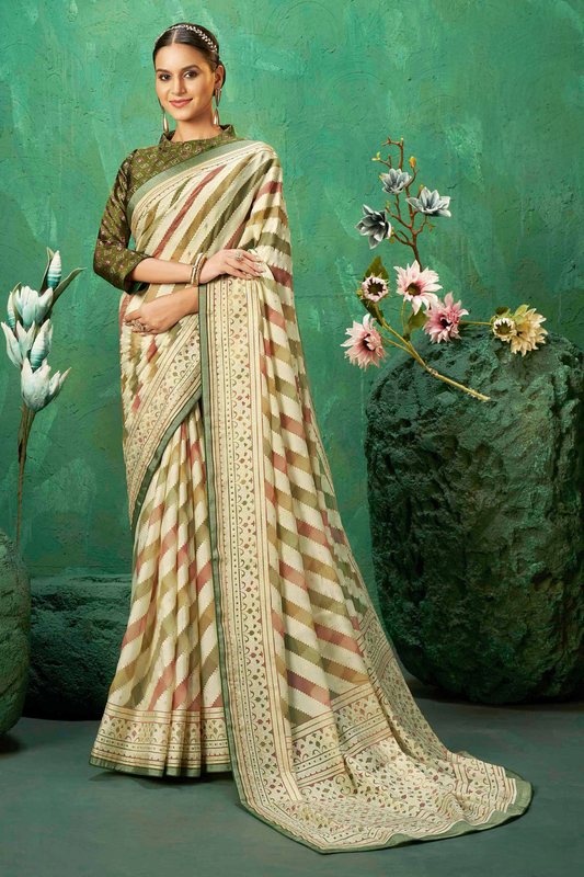 Exclusive Brasso fabric with Ivory and Gold color combination featuring Elegant Diagonal Stripes with Rich Look Contrast Border for Festive Gatherings and Timeless Ethnic Style.