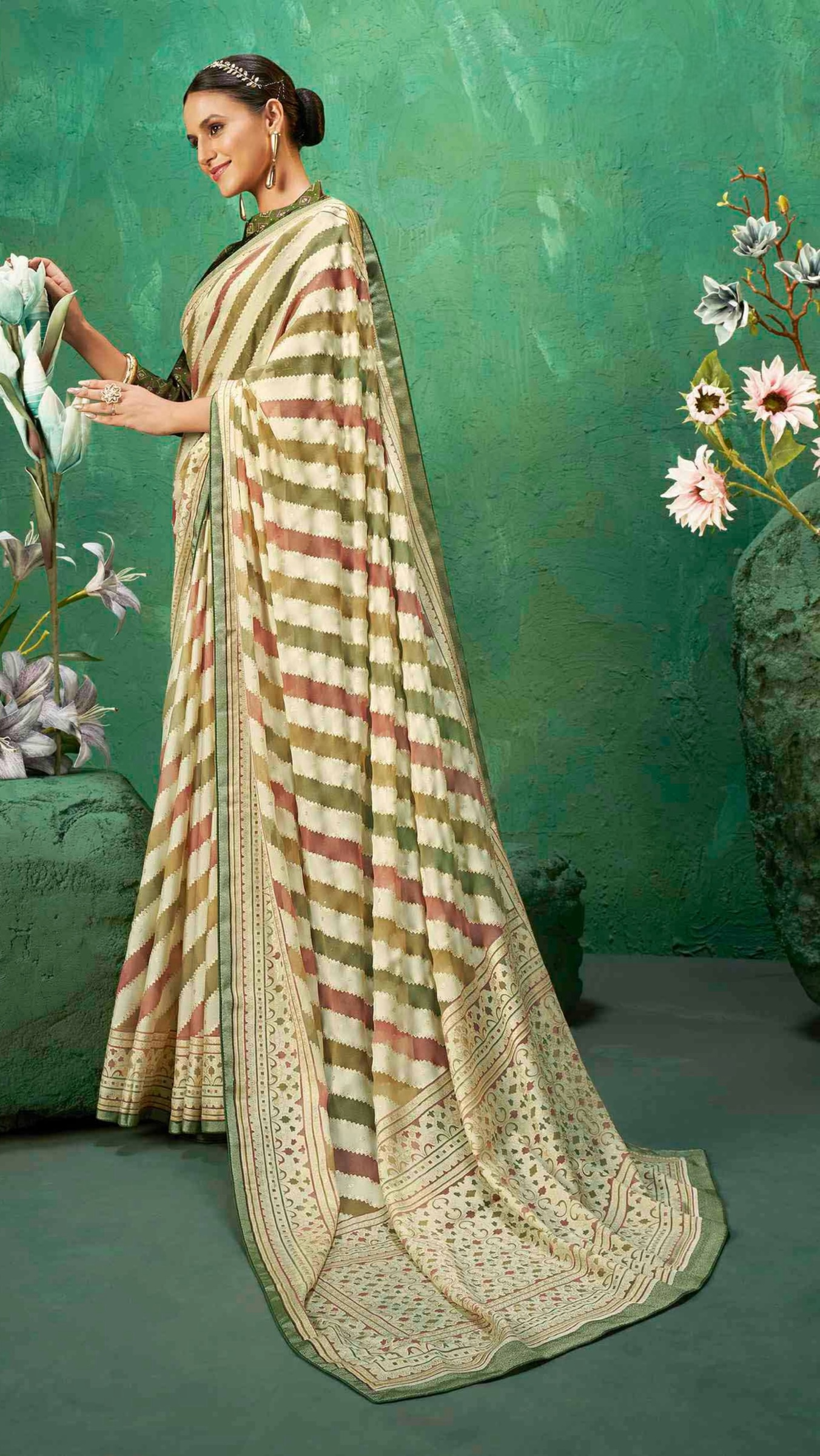 Exclusive Brasso fabric with Ivory and Gold color combination featuring Elegant Diagonal Stripes with Rich Look Contrast Border for Festive Gatherings and Timeless Ethnic Style.