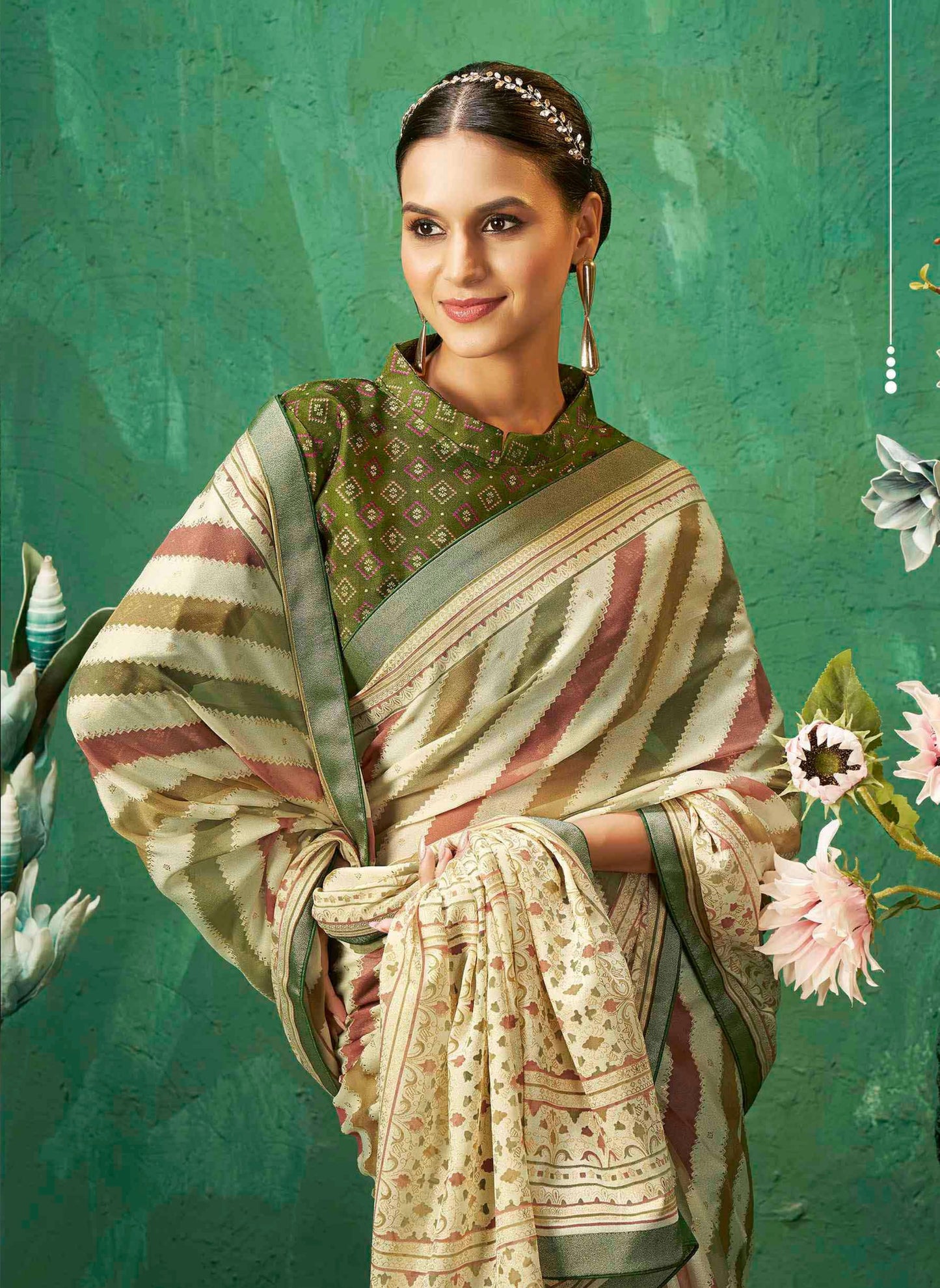 Exclusive Brasso fabric with Ivory and Gold color combination featuring Elegant Diagonal Stripes with Rich Look Contrast Border for Festive Gatherings and Timeless Ethnic Style.
