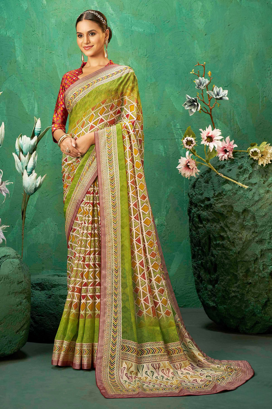 Exclusive Brasso fabric with Vibrant Green color combination adorned with Multi-color Geometric Patterns  with an Ornate Border for festive celebrations and statement ethnic style.