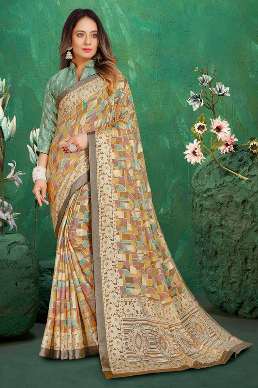 Exclusive Brasso fabric with Beige-Multi-colored Designed with Featuring an Artistic Geometric Print and an Intricate Floral Border Ideal for Festive Gatherings, Weddings, or Elegant Daytime Events.