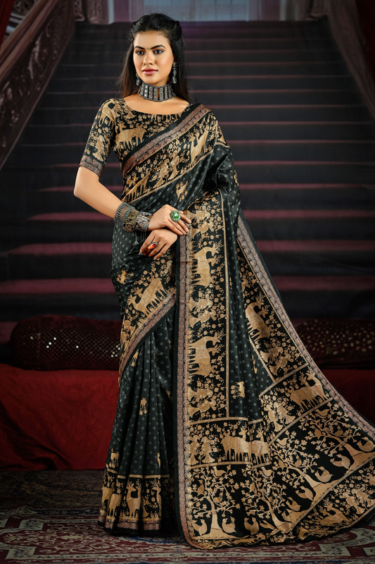 Stunning Black Saree with Rich Gold Animal and Tree Motifs, Featuring an Ornate Border, Perfect for Festive and Traditional Occasions