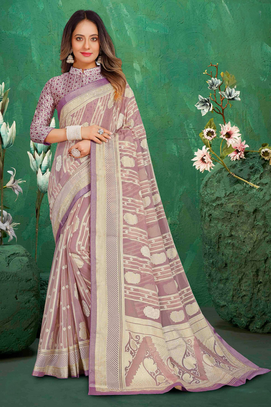 Exclusive Brasso fabric with Lavender Designed with Featuring Motifs with Rich Traditional Border Ideal for Day to Evening Events.