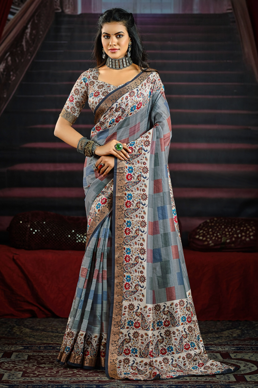 Timeless Grey Saree with Subtle Multicolor Checks, Adorned with Floral and Paisley Motif Border, Perfect for Festive and Party Occasions