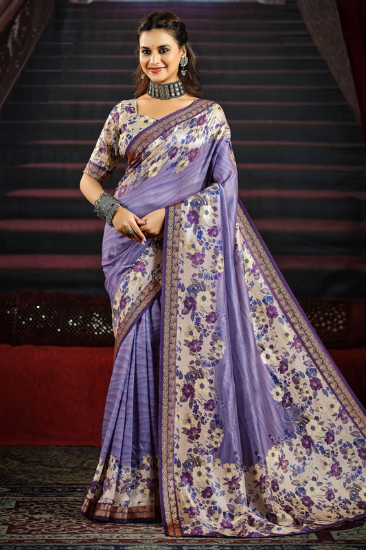 Charming Lavender Saree with Bold FLoral Prints and a Refined Designer Border, Perfect for Festive and Special Occasions.
