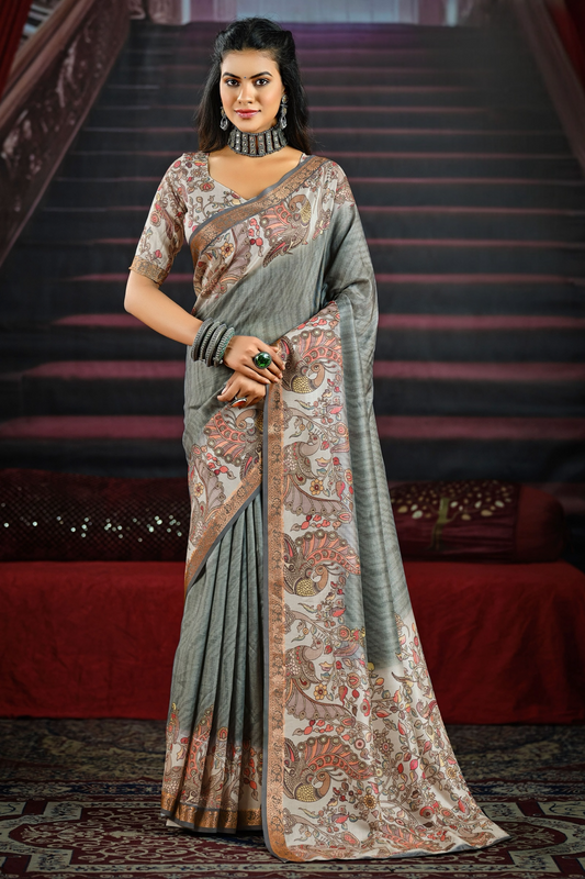 Sophisticated Grey Saree with Artistic Peacock Motifs and Intricate Border, Perfect for Festive Gatherings and Special Events