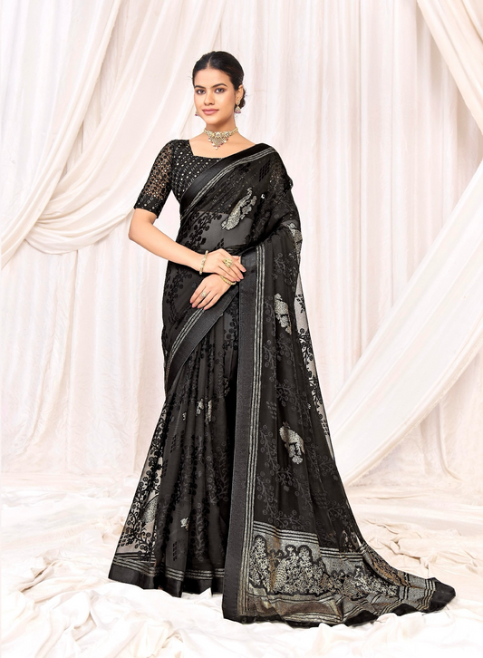 Pure Brasso fabric with Black Designed with Featuring Silver and Gold Foil Touch with Rich Traditional Border Ideal for Day to Evening Events.