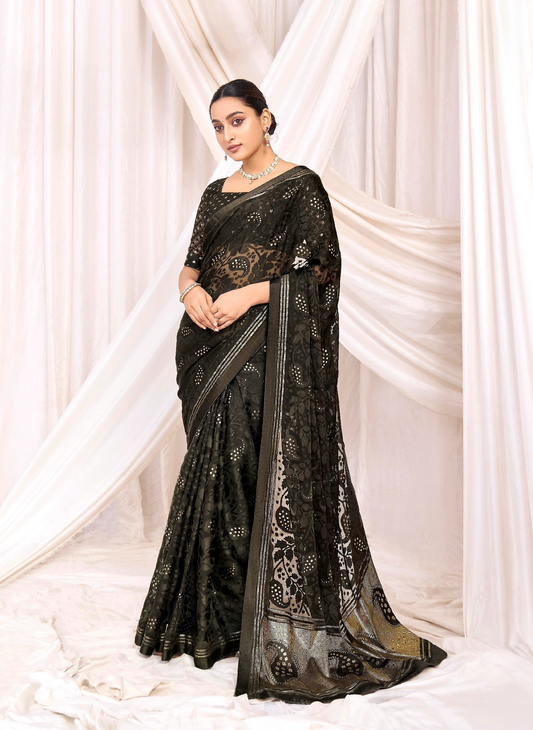 Pure Brasso fabric with Exclusive Charcoal colored Designed with Featuring Interactive Gold Foil Touch with Rich Traditional Border Ideal for Day to Evening Events.