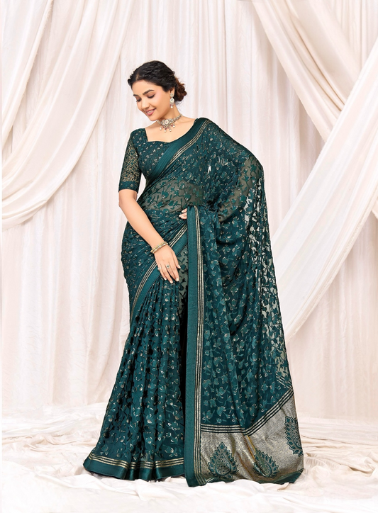 Pure Brasso fabric with Exclusive Bottle Green colored Designed with Featuring Interactive Gold & Silver Foil Touch with Rich Traditional Border Ideal for Day to Evening Events.
