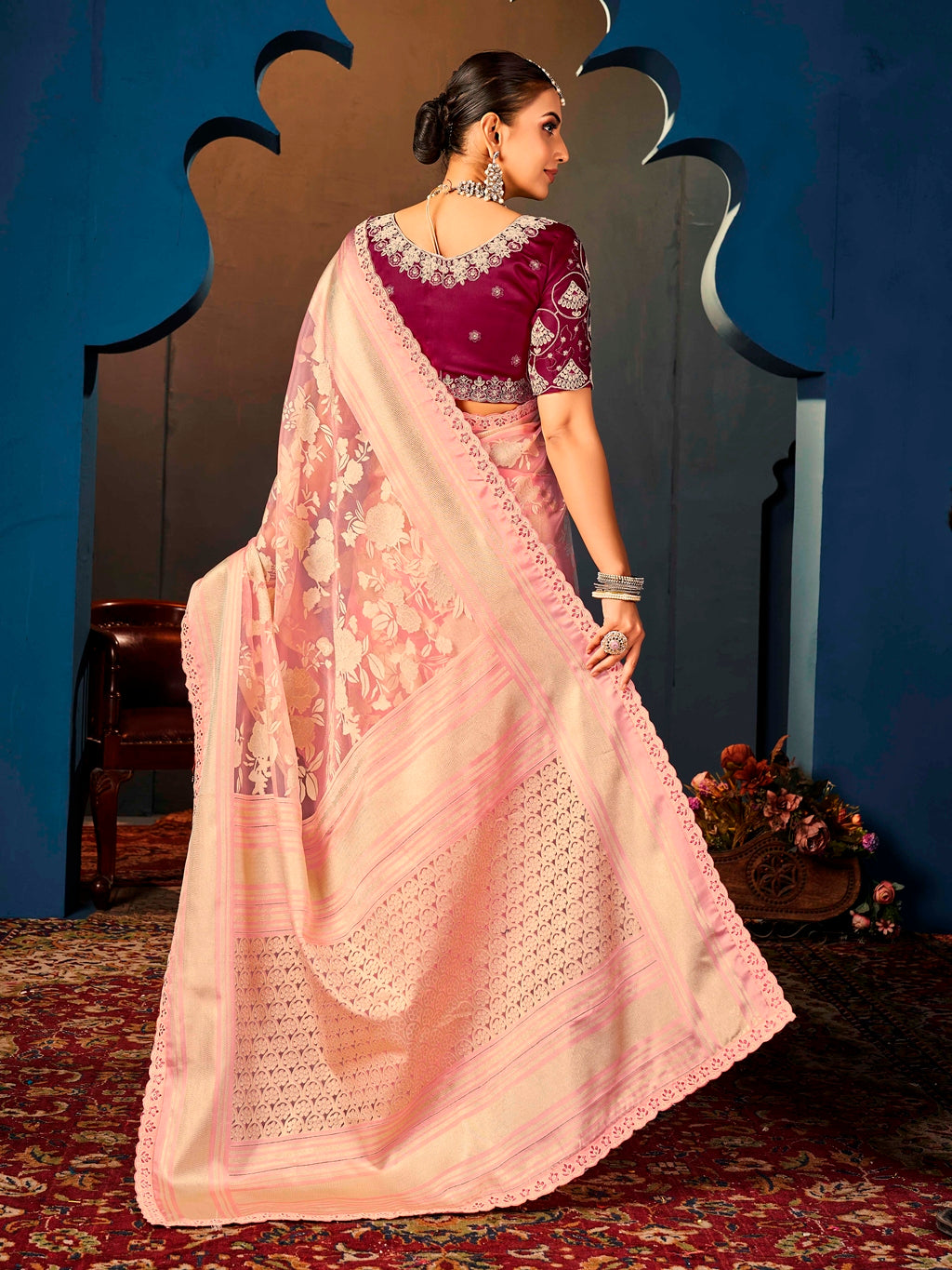 Pure Organza Pink Saree with Digital Print and Heavy Embroidered Maroon Blouse