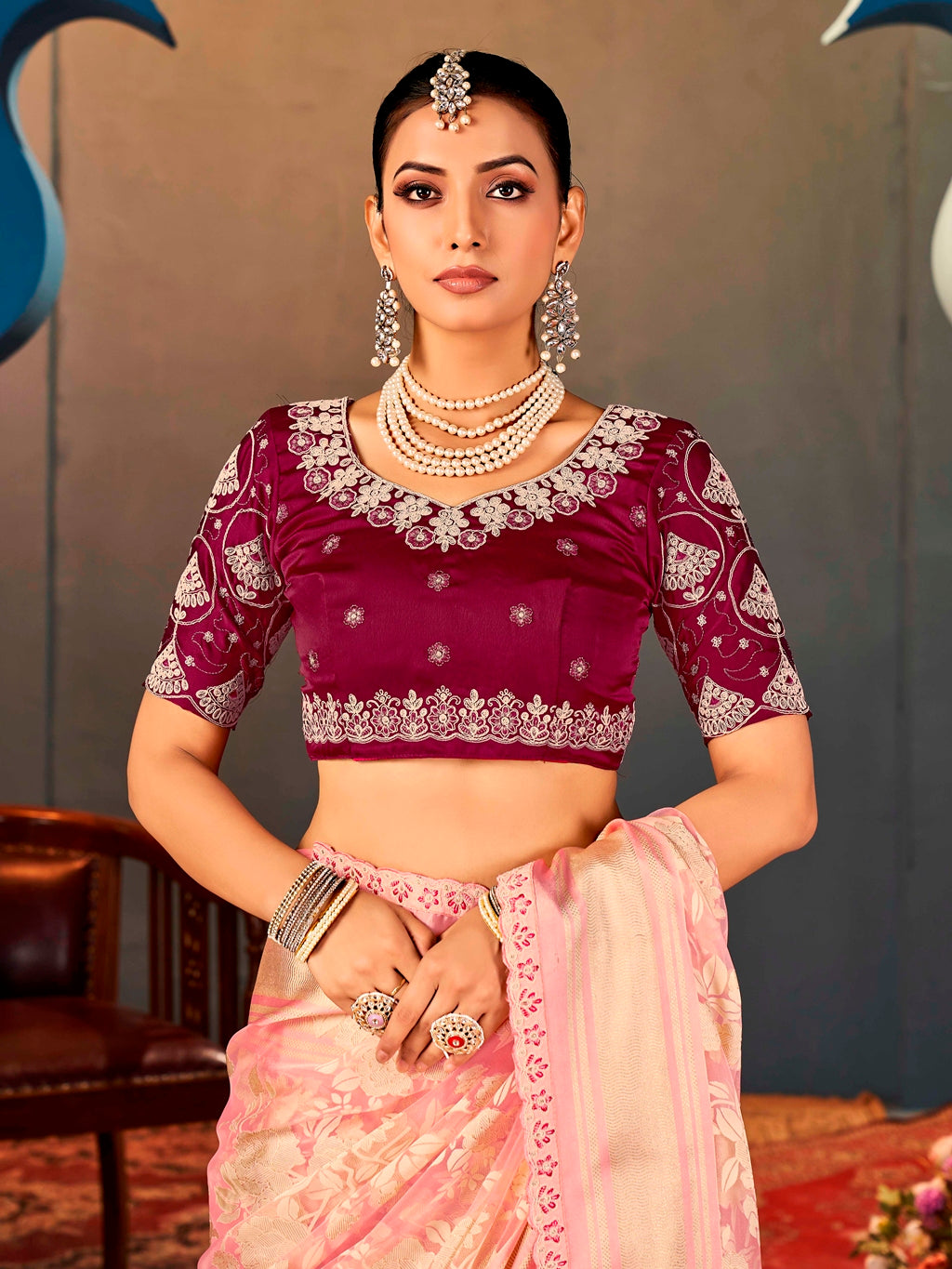 Pure Organza Pink Saree with Digital Print and Heavy Embroidered Maroon Blouse