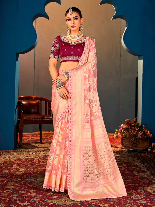 Pure Organza Pink Saree with Digital Print and Heavy Embroidered Maroon Blouse