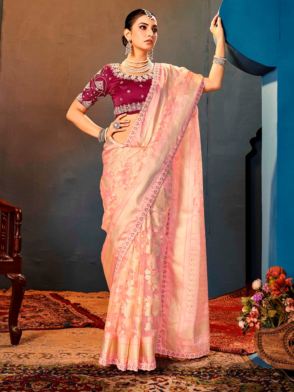 Pure Organza Pink Saree with Digital Print and Heavy Embroidered Maroon Blouse