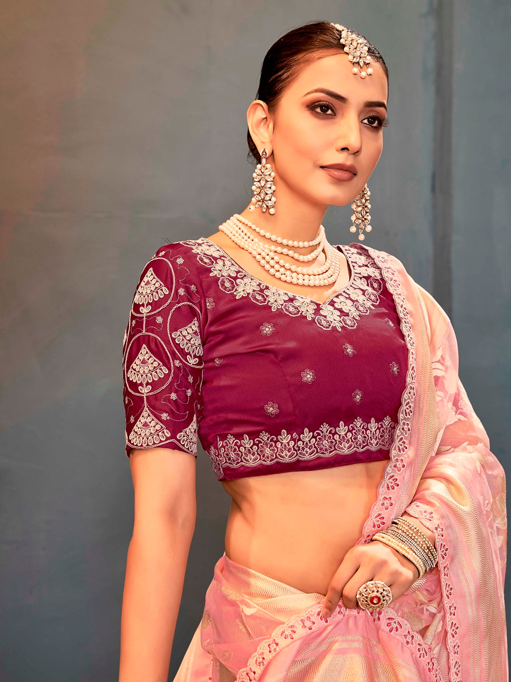 Pure Organza Pink Saree with Digital Print and Heavy Embroidered Maroon Blouse