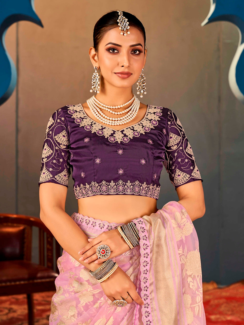 Lavender Pure Organza Saree with Digital Print and Heavy Purple Embroidered Blouse