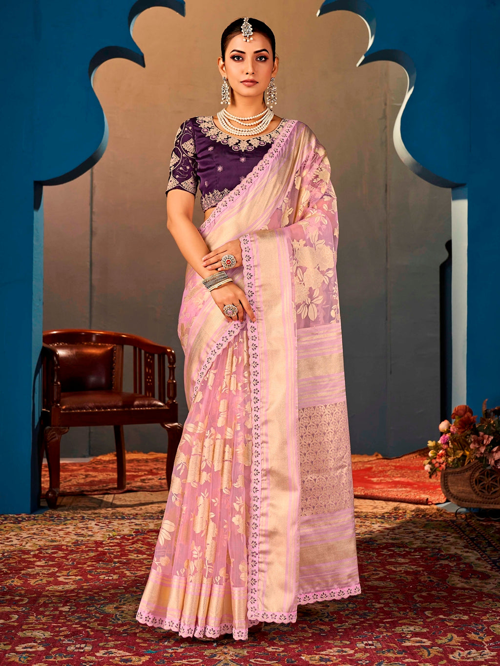 Lavender Pure Organza Saree with Digital Print and Heavy Purple Embroidered Blouse