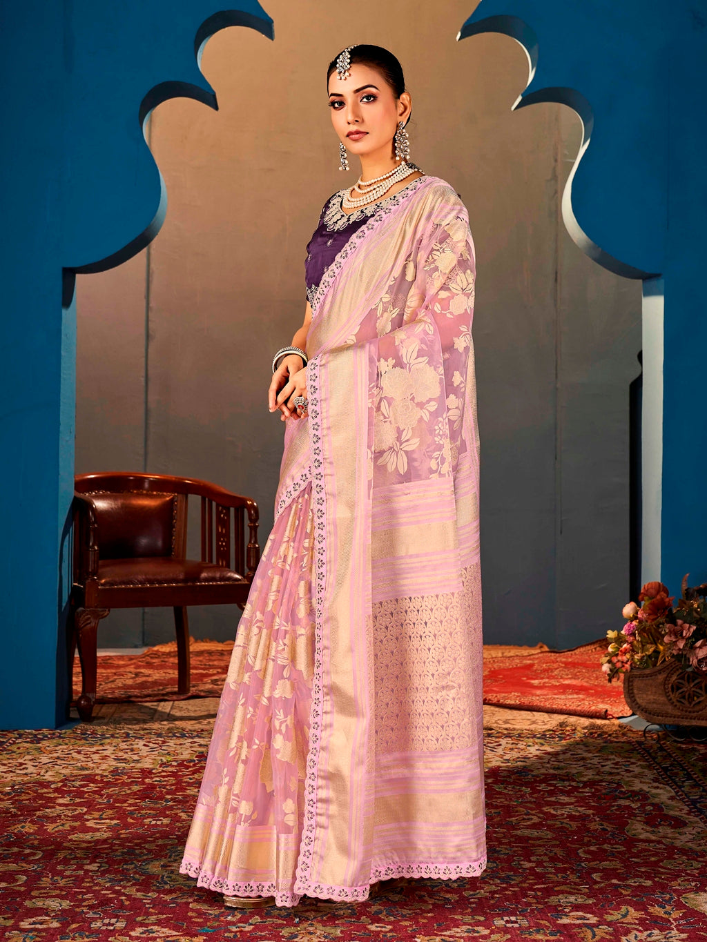 Lavender Pure Organza Saree with Digital Print and Heavy Purple Embroidered Blouse