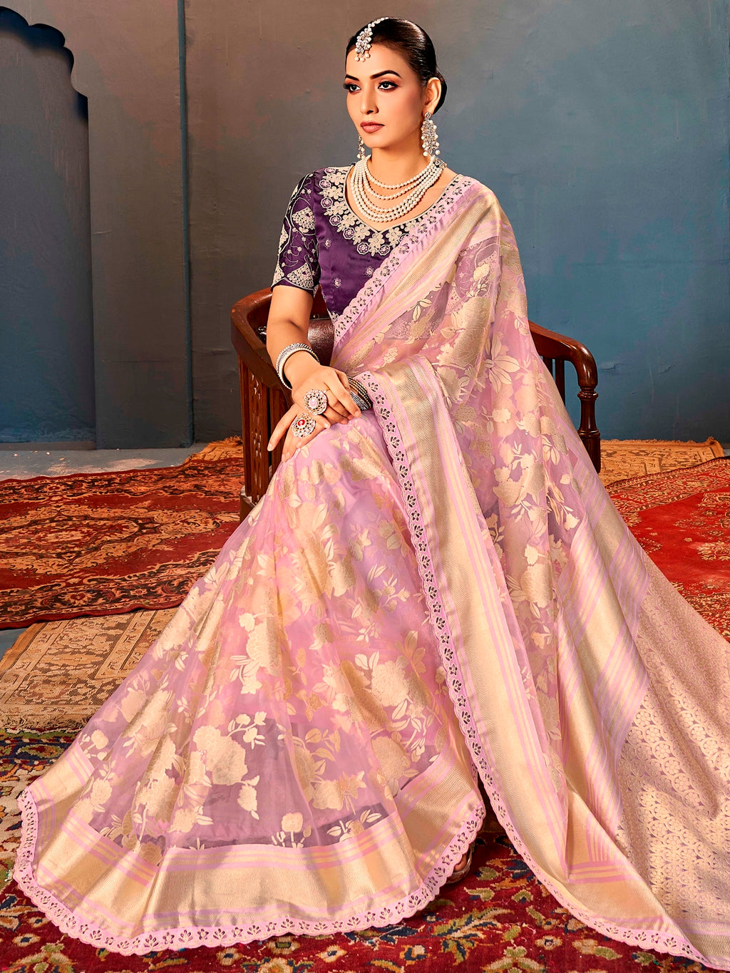 Lavender Pure Organza Saree with Digital Print and Heavy Purple Embroidered Blouse