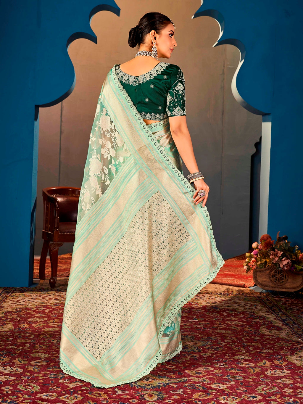 Mint Green Pure Organza Saree with Digital Print and Heavy Dark Green Embroidered Blouse