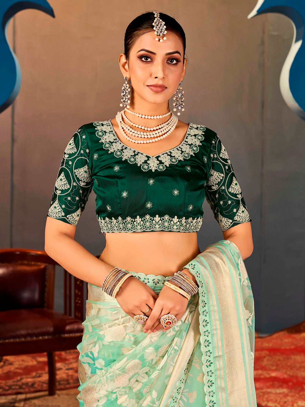 Mint Green Pure Organza Saree with Digital Print and Heavy Dark Green Embroidered Blouse
