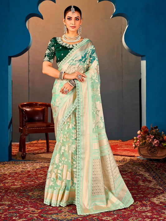 Mint Green Pure Organza Saree with Digital Print and Heavy Dark Green Embroidered Blouse
