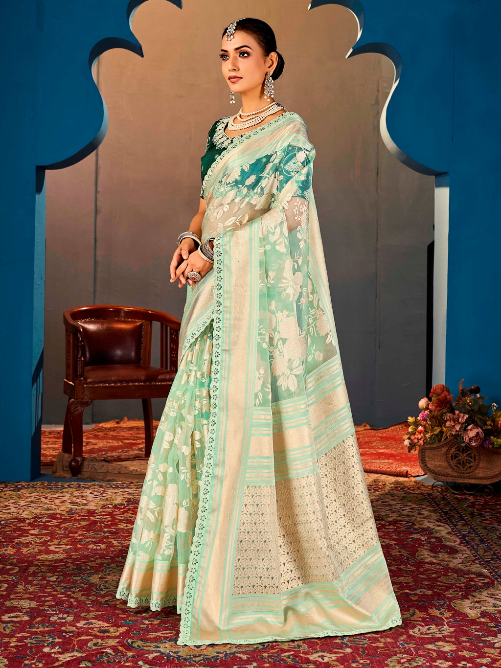 Mint Green Pure Organza Saree with Digital Print and Heavy Dark Green Embroidered Blouse