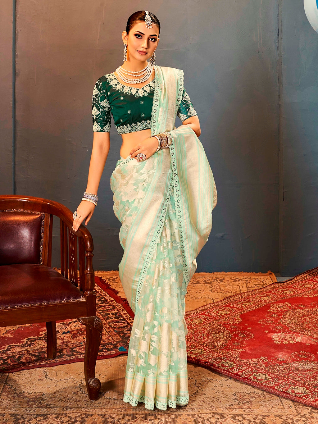 Mint Green Pure Organza Saree with Digital Print and Heavy Dark Green Embroidered Blouse