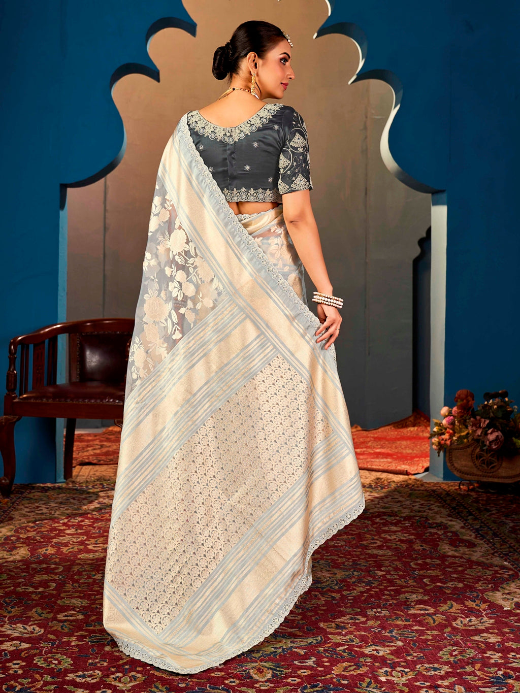 Grey Pure Organza Saree with Digital Print and Heavy Dark Grey Embroidered Blouse