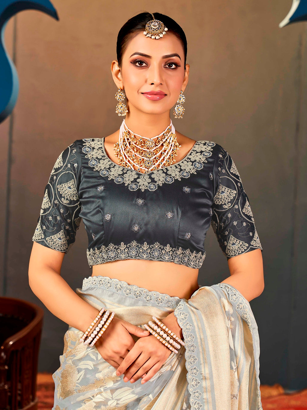 Grey Pure Organza Saree with Digital Print and Heavy Dark Grey Embroidered Blouse