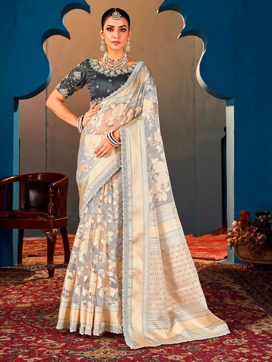 Grey Pure Organza Saree with Digital Print and Heavy Dark Grey Embroidered Blouse