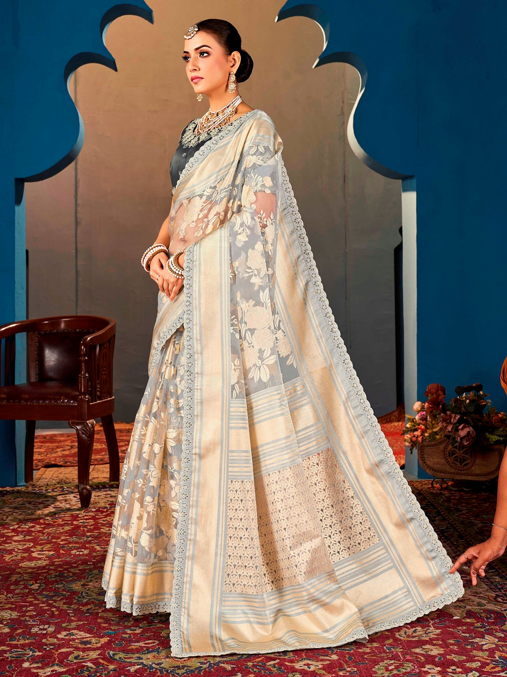 Grey Pure Organza Saree with Digital Print and Heavy Dark Grey Embroidered Blouse