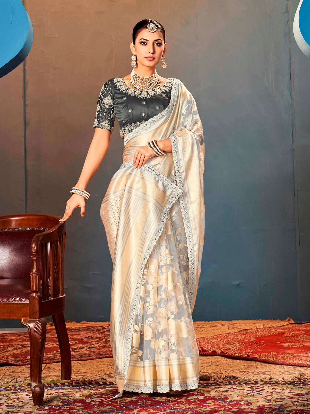 Grey Pure Organza Saree with Digital Print and Heavy Dark Grey Embroidered Blouse