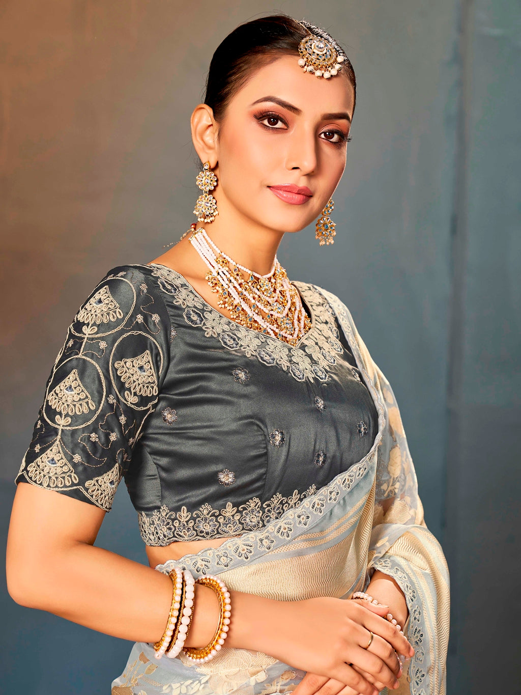Grey Pure Organza Saree with Digital Print and Heavy Dark Grey Embroidered Blouse
