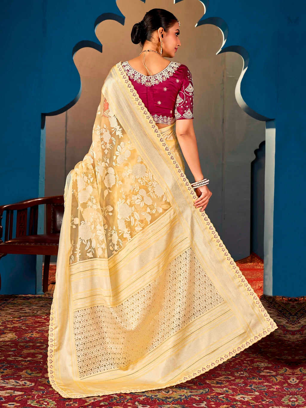 Mustard Yellow Pure Organza Saree with Digital Print and Heavy Embroidered Rani Pink Blouse