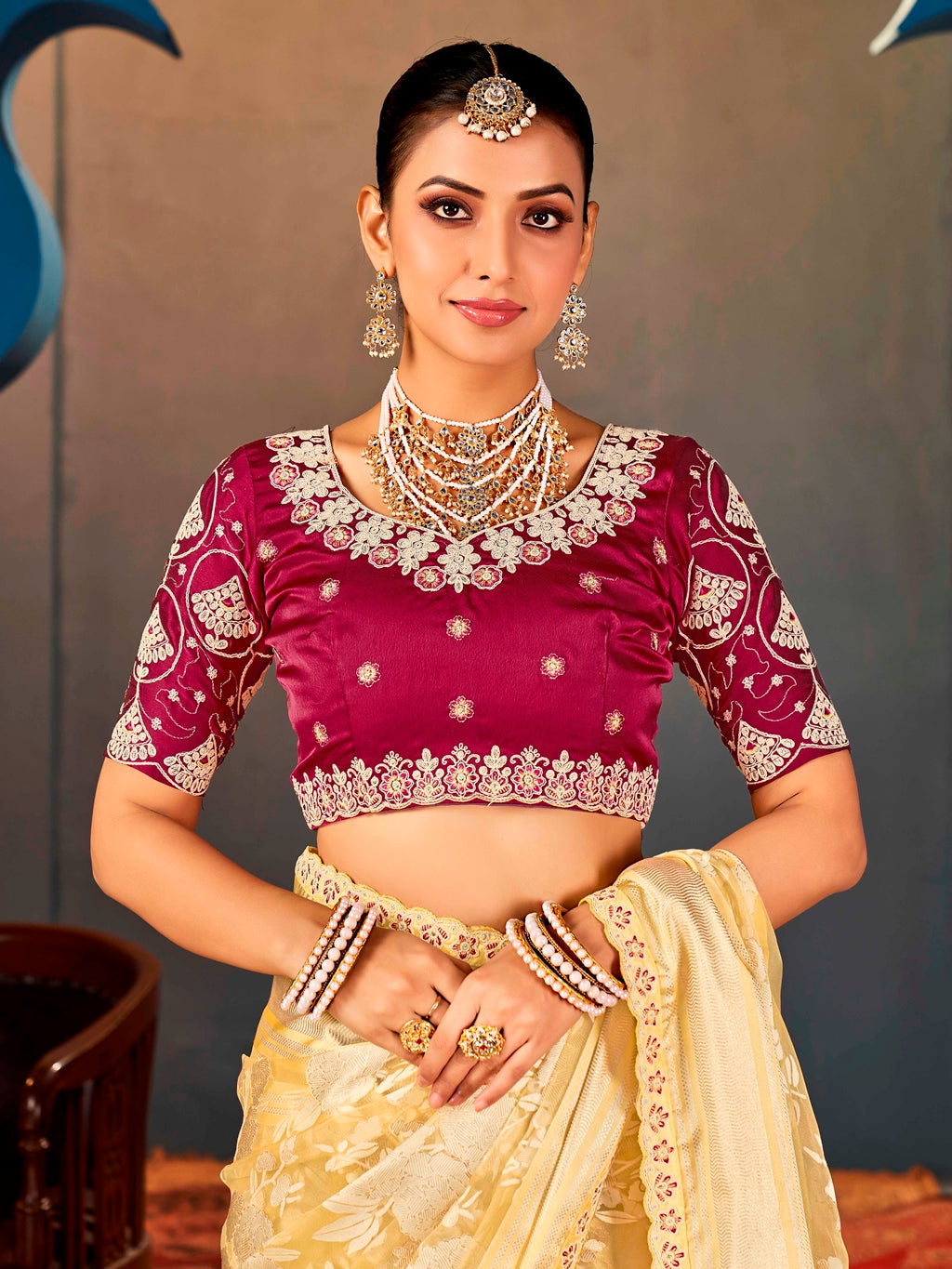 Mustard Yellow Pure Organza Saree with Digital Print and Heavy Embroidered Rani Pink Blouse