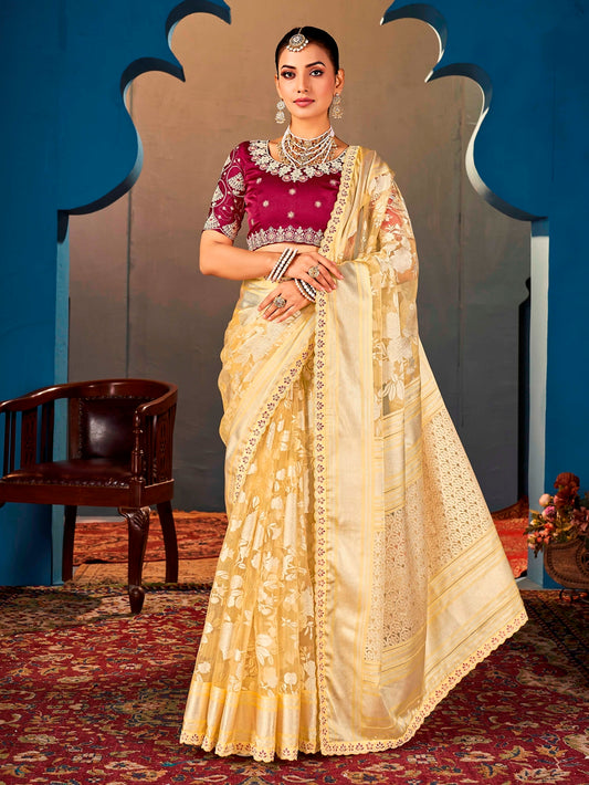 Mustard Yellow Pure Organza Saree with Digital Print and Heavy Embroidered Rani Pink Blouse
